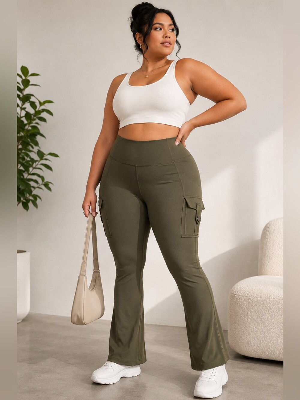 YEOREO XXL Olive Green Cargo Leggings High Waist Ruched Butt Flare Pants
